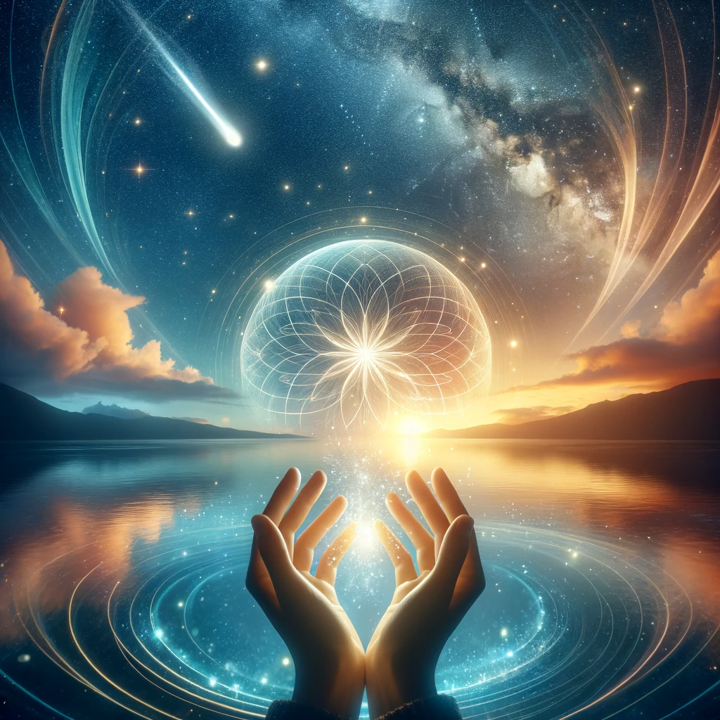 An ethereal scene with a starry night sky and a radiant shooting star above a serene ocean sunrise, accompanied by hands reaching towards a glowing light, symbolizing the unlocking of miracles and empowerment.